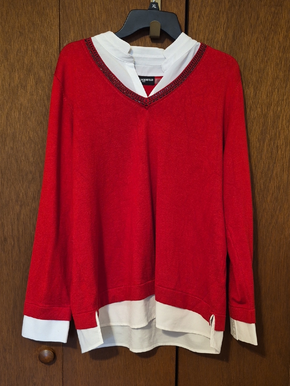 Karl Lagerfeld Red V-Neck Sweater with White Shirt Trim SZ L